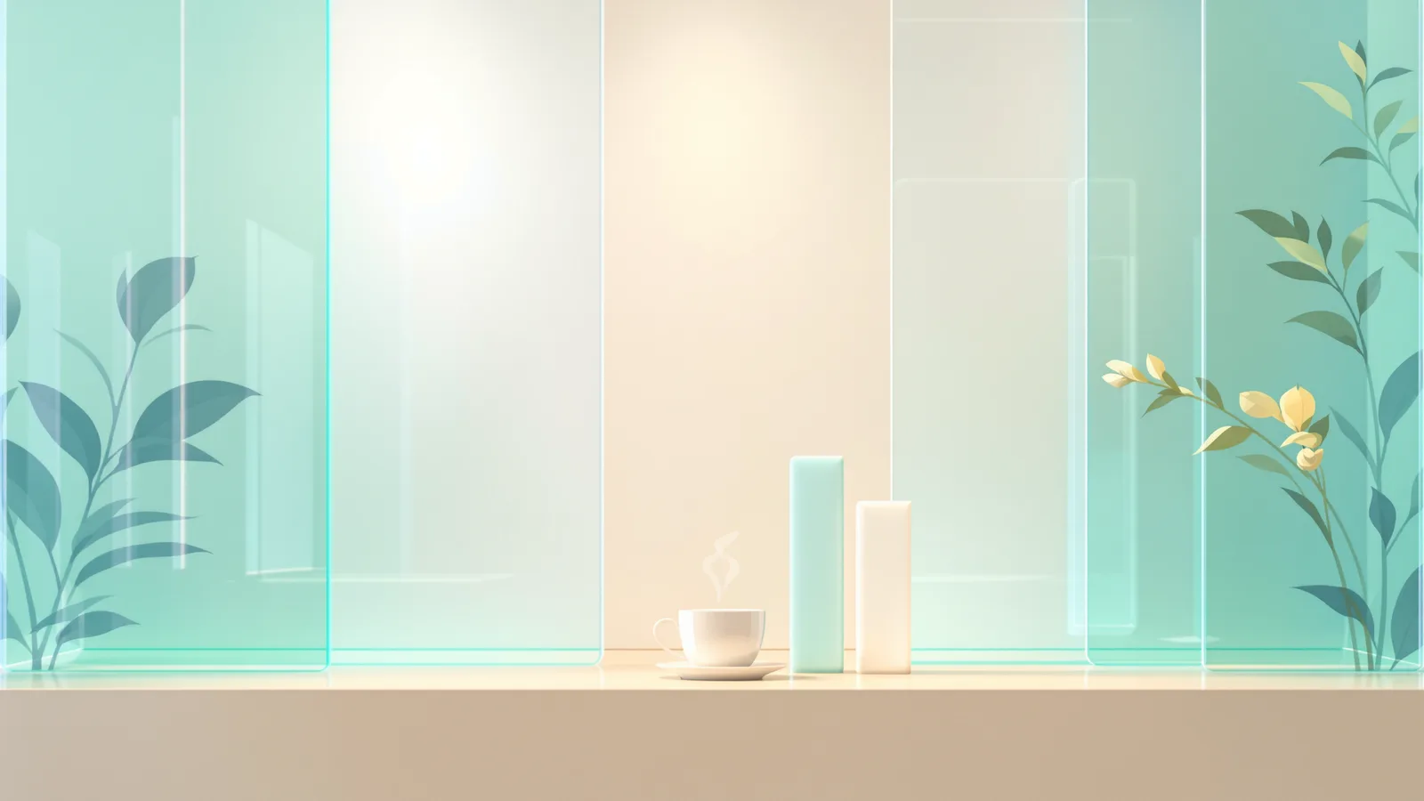 An illustrated cafe counter with a coffee cup at its centre and slim percentage bars rising alongside.