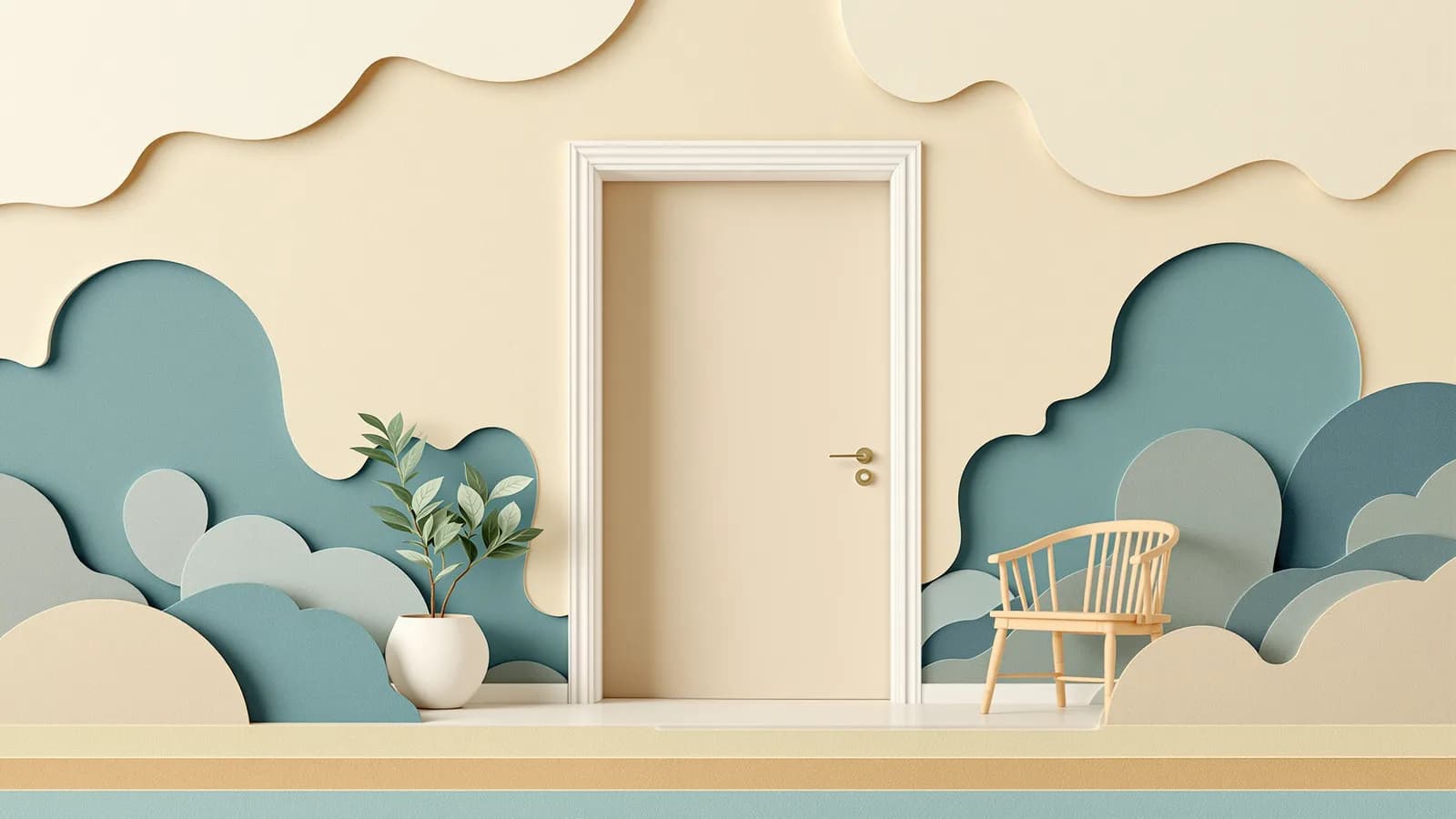An illustrated open door beside an empty chair and a potted plant, standing for a clinic room that needs someone in it.