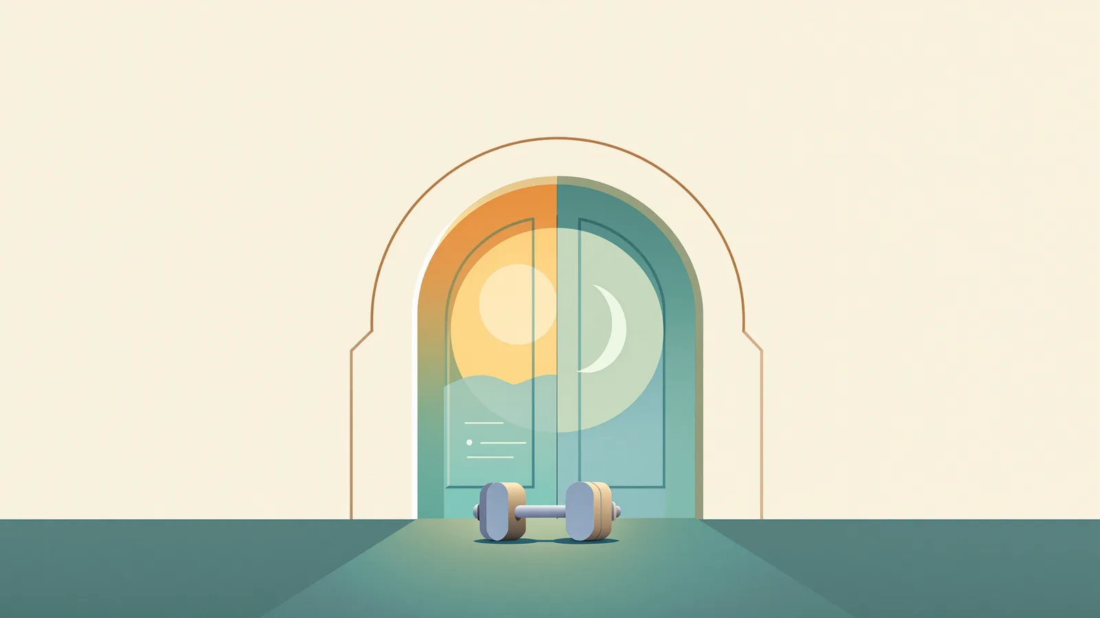 A stylised gym doorway with a sunrise on one side and a crescent moon on the other, representing an early opening and a late closing shift either side of the same door.