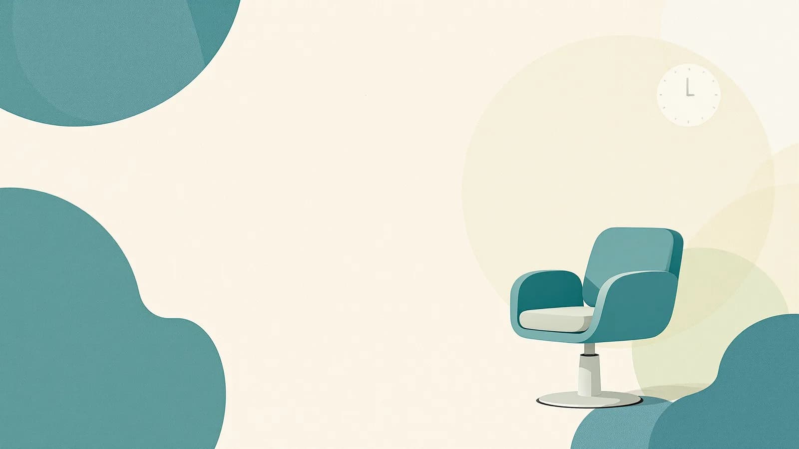 An illustrated empty salon chair next to a plain clock face, representing idle time between appointments.