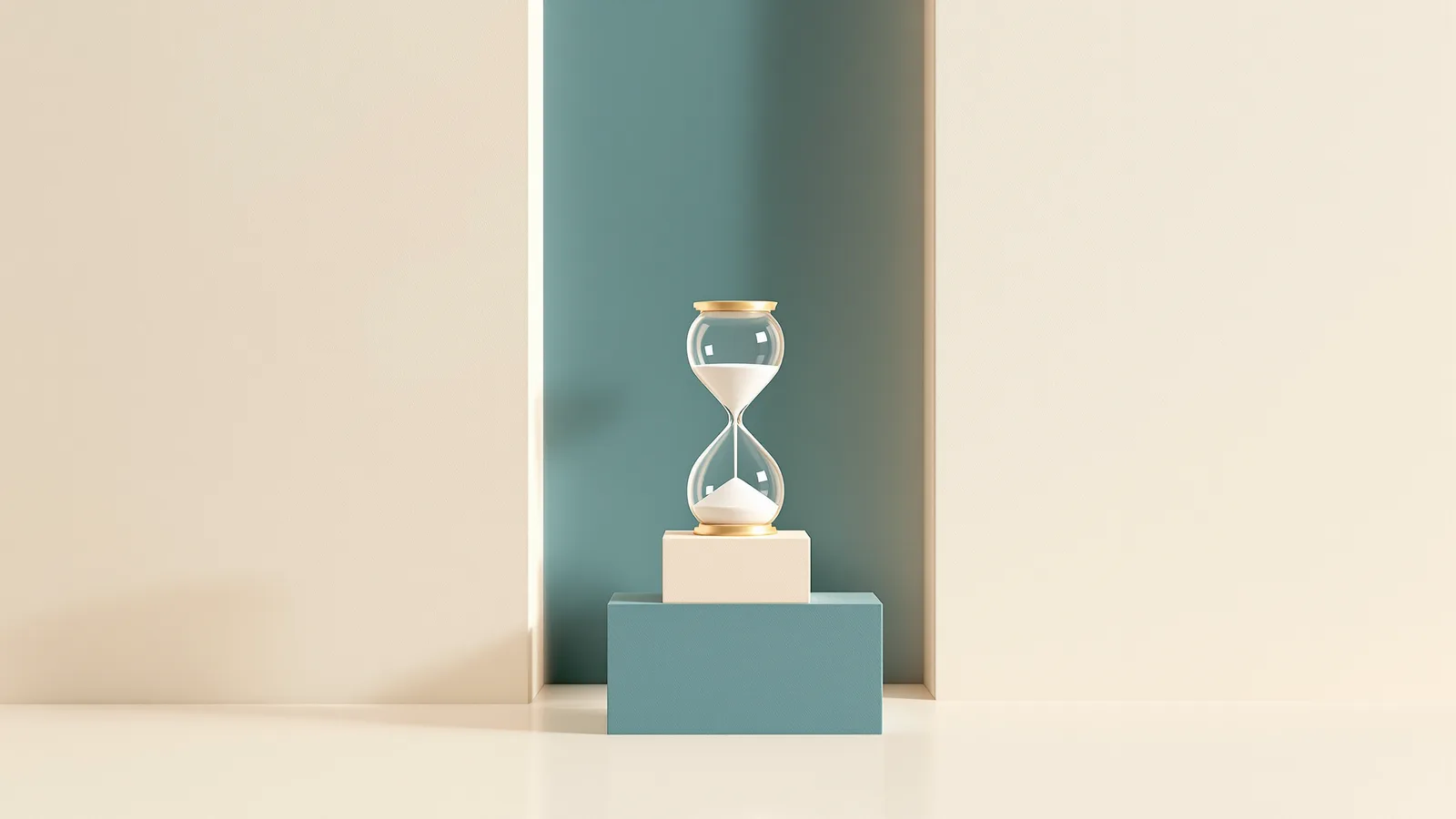 An illustrated hourglass standing on stacked blocks against a calm teal and cream backdrop.